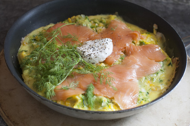 Corn adds sunny side to dinner omelet with smoked salmon
